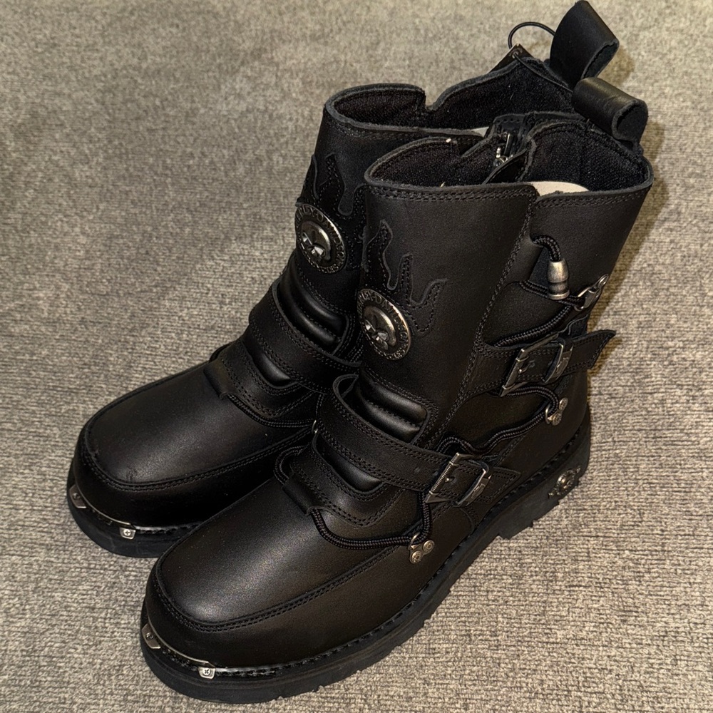 Harley-Davidson Distortion Skull Metal Black Leather Boots with Buckle Straps